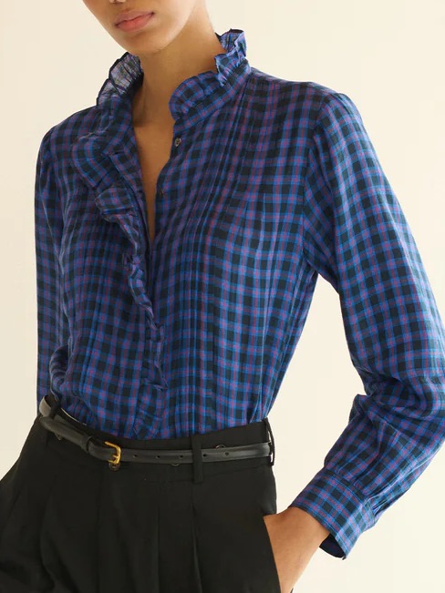 Doen Barrett Cotton Ruffle Collar Button Down Up Shirt Top Chamonix Plaid Blue